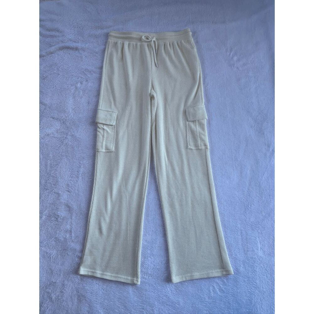 Pink Rose Soft White Wide Leg Cargo Lounge Pants Size L, Lightweight, Sporty